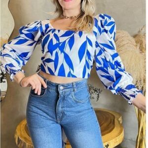 New Blue Puff Sleeve Crop Top Tie Back One Size